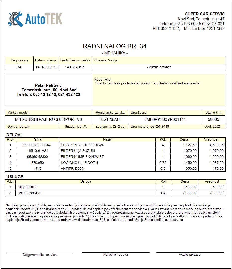 Štampa radnog naloga u AutoTEK-u