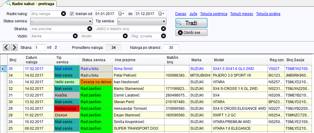 Pretraga radnih naloga u AutoTEK-u