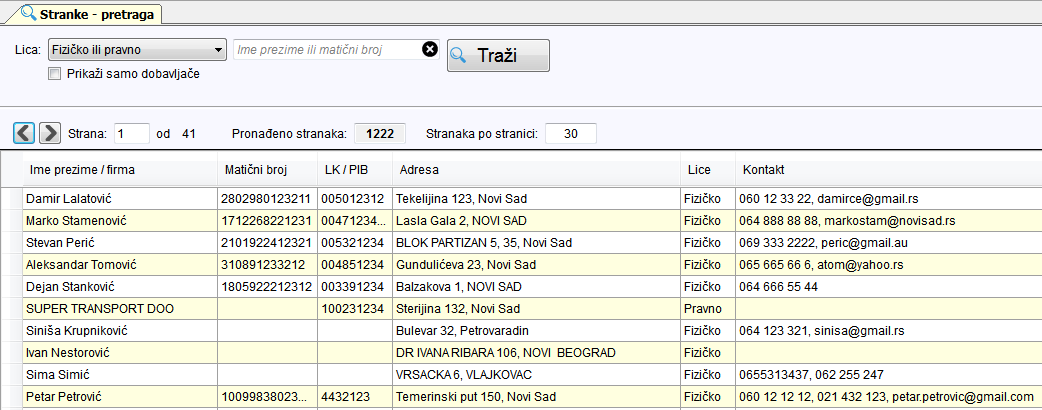 Pretraga stranki u AutoTEK-u